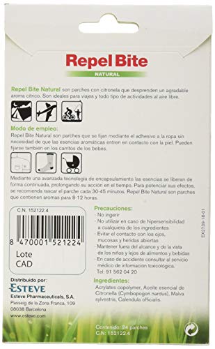 REPEL BITE NATURAL 24 parches repelentes CITRONELA. Protección más natural. Acción hasta 8-12 horas. Para niños y adultos con la piel más sensible.