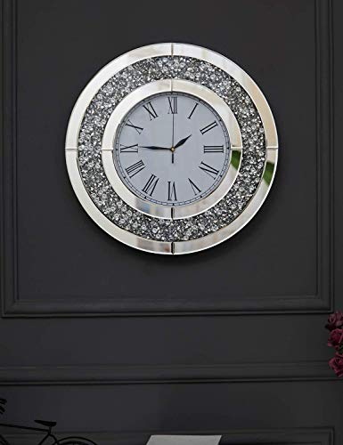 Richtop - Reloj de pared con espejo de cristal de diamante redondo grande y silencioso de cuarzo para casa, oficina, sala de estar, dormitorio, decoración de círculo, diámetro de 50 cm, color plateado