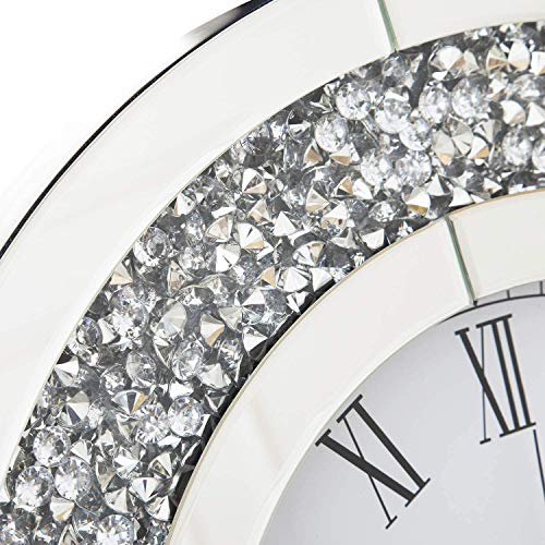 Richtop - Reloj de pared con espejo de cristal de diamante redondo grande y silencioso de cuarzo para casa, oficina, sala de estar, dormitorio, decoración de círculo, diámetro de 50 cm, color plateado