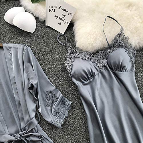 riou Damas de Invierno Pijamas de Encaje Sexy camisón Kimono Cardigan túnicas Vestido de Noche Superior de satén de Dos Piezas Interior Ropa Interior Sedosa cómoda