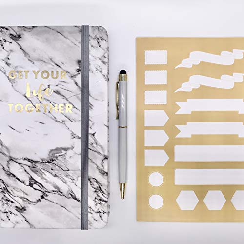 Ritches Diario de Puntos A5 - Cuaderno de Tapa Dura de Cuero PU de Mármol Gris, Páginas Numeradas Con Puntos - Incluye Bolígrafo, Pegatinas y Caja de Regalo