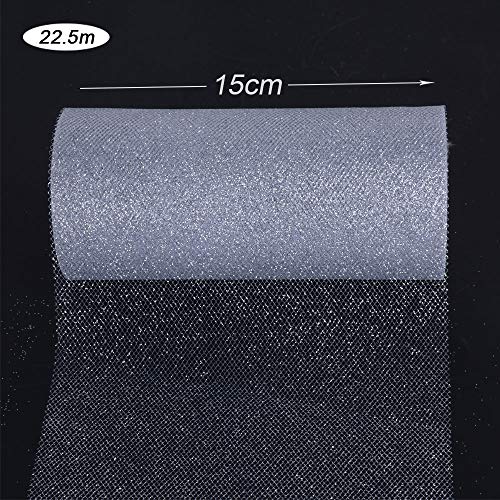 Rollo 22,5 Metro Cinta Tela Tul Tulle Plateado con Purpurina Ancho 15cm Decoración Hogar Boda Novia Fiesta Navidad Manualidades DIY Envolver Regalos Tutú Falda