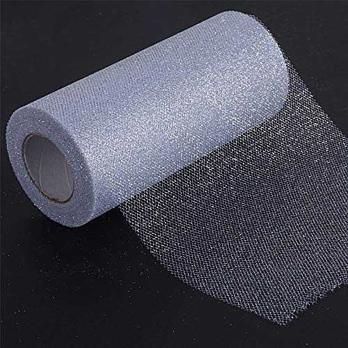 Rollo 22,5 Metro Cinta Tela Tul Tulle Plateado con Purpurina Ancho 15cm Decoración Hogar Boda Novia Fiesta Navidad Manualidades DIY Envolver Regalos Tutú Falda