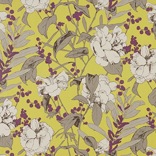 Romo - Papel pintado Beatrix color amarillo. Diseño de flores grandes.