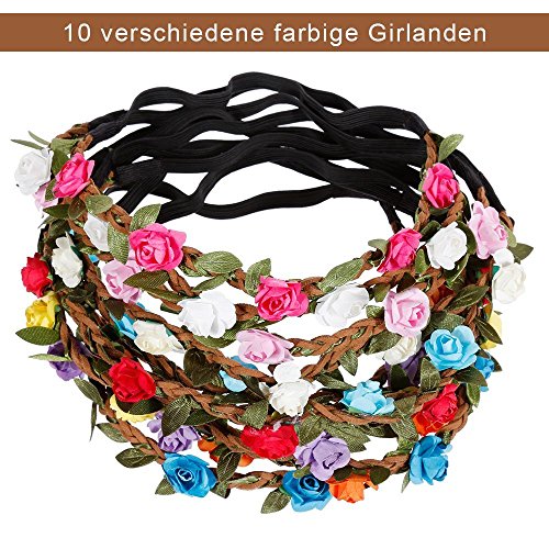 Rovtop10 Piezas Corona de Flor Venda de Pelo Redondo Venda de Flor Diadema de Flores para Mujer Multicolor con Rosa Flor Festival Boda Playa Aplicable Cintas para Pelo