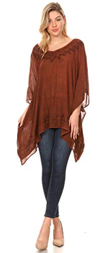 Sakkas 1801 - Poncho de Lavado con Piedras Ligeras de Regina, Blusa con Tapa de cafán, para Mujer - Rojo - SO