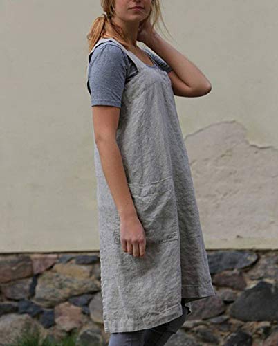 SAMGU Vestido De Delantal Casual para Mujer Vestido De Lino con Delantal Cruzado Cuadrado De Lino Trabajo En El Jardín Gris L