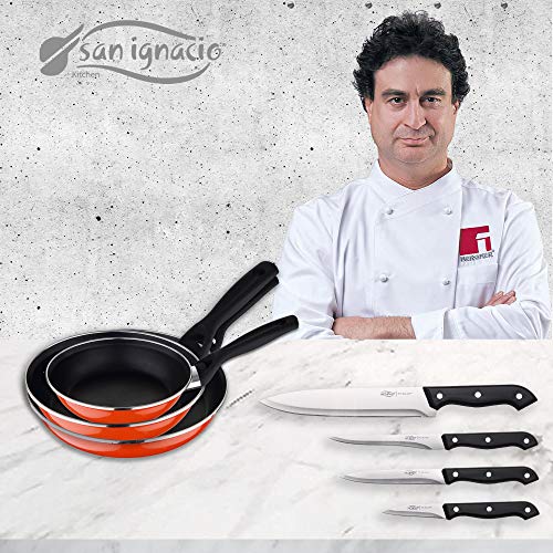 San Ignacio PK1467 3 SARTENES Sunset + Set 4 Cuchillos Cocina, Acero al Carbono