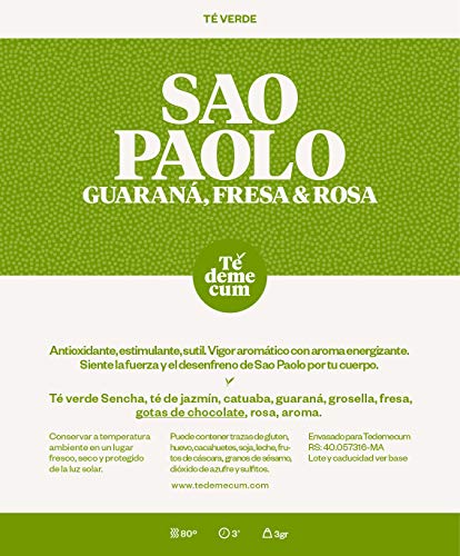 SAO PAOLO Gourmet 100gr. Té verde sencha,Té de jazmín, catuaba, guaraná, grosella, gotas de chocolate, fresa, rosa, aroma.