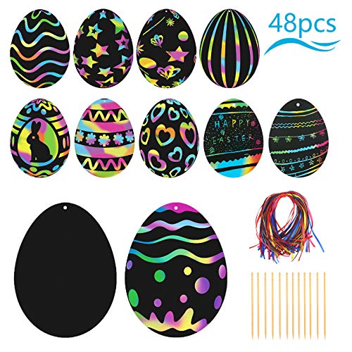 Scratch Art Paper,PATAZOK 48pcs Papel de Huevo,Dibujo Scratch Craft Art para la Celebración del Partido de Pascua,Para Cumpleaños de Suministros Juegos,Decoración del Hogar,Estudio,Negro,Colorido
