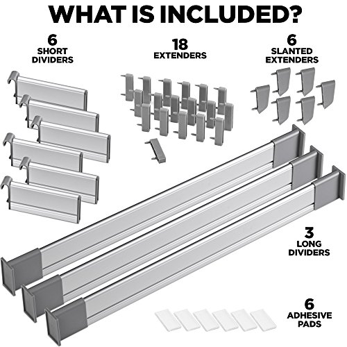 Separadores Ajustables de Cajones de Cocina, Elegante Organizador Modular de Aluminio, Juego de 9 Separadores (Mediano | para Cajones 44,5 cm - 50 cm de largo) de Practical Comfort