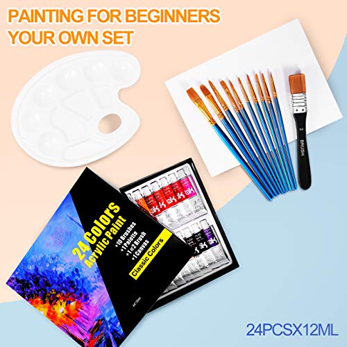Set de 24 Tubos de Pinturas Acrilicas, Buluri 24 Colores x 12ml Pintura Acrílica con 10 Pinceles 1 Paleta 1 Lienzo, para Tela, Cerámica, Arcilla, Madera y Tela