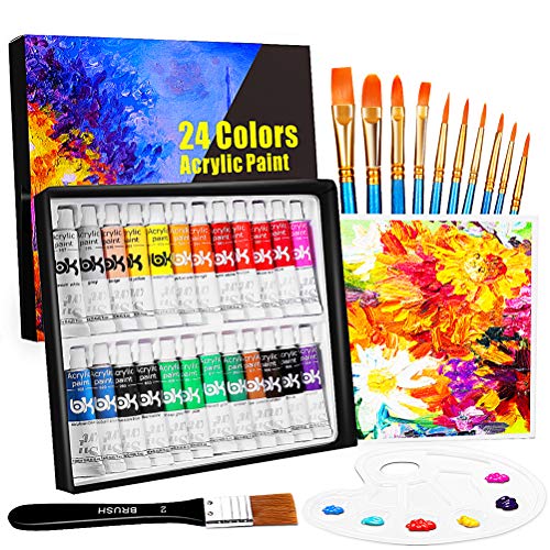 Set de 24 Tubos de Pinturas Acrilicas, Buluri 24 Colores x 12ml Pintura Acrílica con 10 Pinceles 1 Paleta 1 Lienzo, para Tela, Cerámica, Arcilla, Madera y Tela