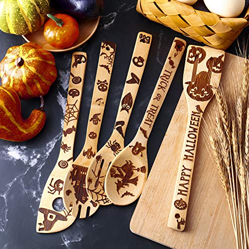 Set de 5 Piezas de Cucharas de Madera de Halloween Cuchara de Utensilios de Cocina Cucharas de Bambú de Cocina para Decoración de Fiesta de Halloween Suministros de Cocina Casa
