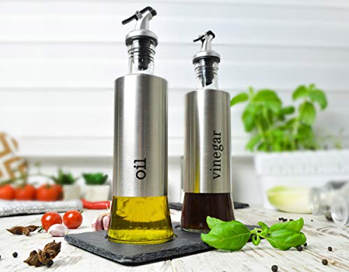 Set para aceite y vinagre sobre placa de pizarra, vinagrera, aceitera, menaje