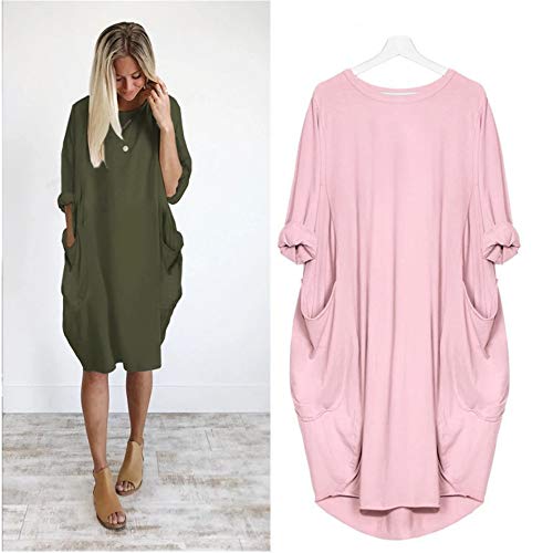 SFYZY Mujeres Color sólido Cuello Redondo Manga Larga Top Corto Casual Bolsillo Suelto Camiseta de Manga Larga Vestido de Gran tamaño Camisa de Talla Grande Jersey Corto