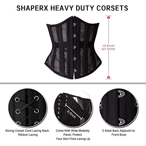 SHAPERX 26 Double Steel Boned Breathable Mesh Corset Heavy Duty Waist Training Shaper, UK-DT1996-Black-XS