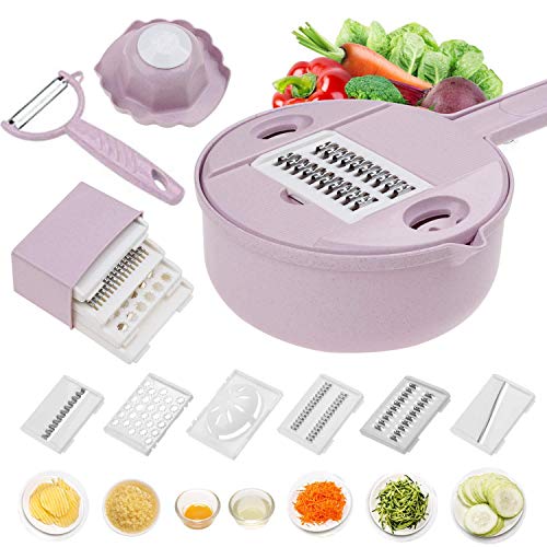 Shopwithgreen - Cortador de mandolina de cocina con 5 cuchillas intercambiables, protector de mano, cortador de contenedores de almacenamiento de alimentos para patatas, tomate, cebolla, queso, pepino