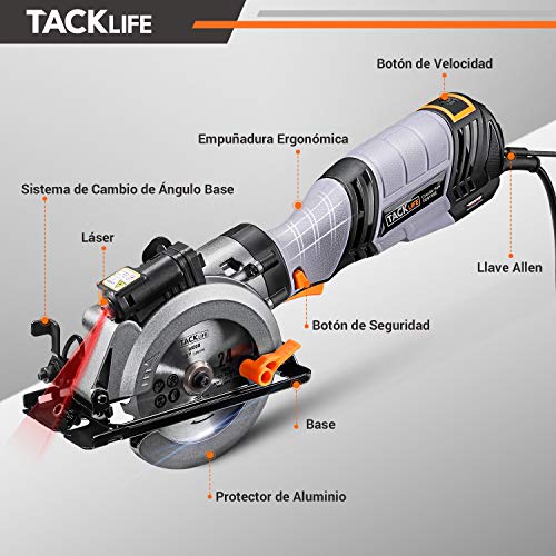 Sierra Circular, TACKLIFE 750W Mini Sierra Circular, 6 Velocidades Variables, 6 Hojas (127 y 115mm), Profundidad de Corte: 90 ° (48mm), 45 ° (35mm), Cortar Madera, Metal Blando y Azulejos - TCS115E