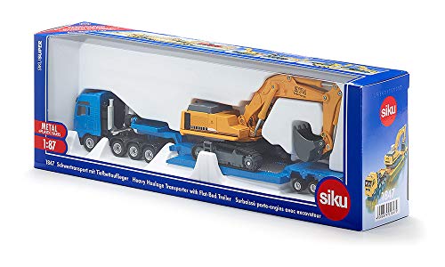 Siku 1847 - Camión de transporte pesado con remolque cama baja y excavador, color azul y amarillo