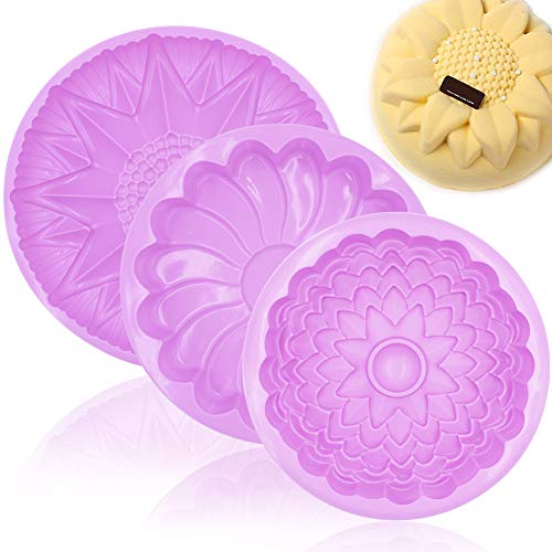 SIMUER 3Pcs moldes de Silicona para Tartas, diseño de Flores, Redondos, Grandes, Moldes de Silicona para Caramelos, Chocolate, Hornear, Tarta, Galletas, Jabón