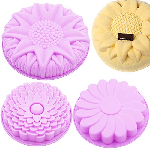 SIMUER 3Pcs moldes de Silicona para Tartas, diseño de Flores, Redondos, Grandes, Moldes de Silicona para Caramelos, Chocolate, Hornear, Tarta, Galletas, Jabón