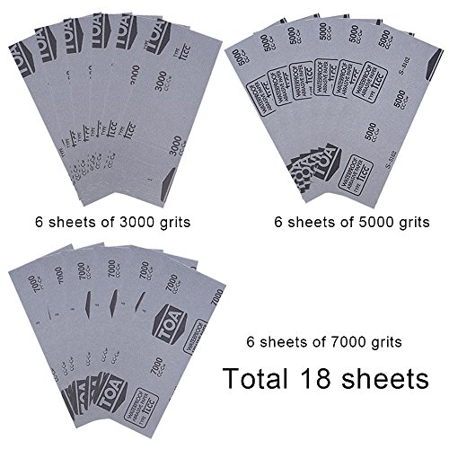SIQUK 18 Piezas Papel de lija Mojado y seco Surtido de papel de lija 3000 5000 7000 Papel de lija de alto brillo 9 x 3,6 pulgadas Papel abrasivo para lijado de automóviles Acabado de muebles de madera