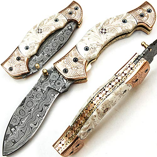 SJPJ 9565 Cuchillo de bolsillo de hoja de acero de damasco hecho a mano personalizado con vaina billet cocinero cocina casa jardín coleccionable bar camping plegable