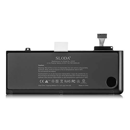 SLODA Batería de Repuesto de Portátil para Macbook Pro 13" A1322 (A1278 Mid-2009 Mid-2010 Early-2011 Late-2011 Mid-2012) MacBook Pro 13 A1322 Batería de Repuesto [Li-Polymer 10.95V 6000mAh]