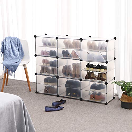 SONGMICS Cubo de Almacenamiento con Puertas, Zapatero, Organizador de Plástico con Separadores, Mazo de Goma Incluido, para Armario, Sala, Dormitorio, Blanco LPC502W