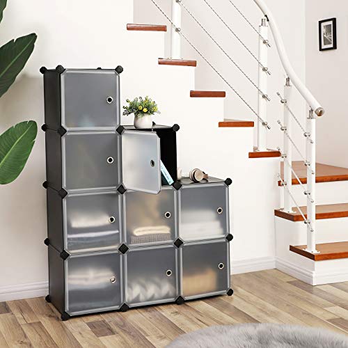 SONGMICS Estantería Modular, Armario Modular de 9 Cubos, Estantería de Plástico con Puertas, para Zapatillas, Ropa, Juguetes, Libros, Fácil de Montar, Negro LPC116HS