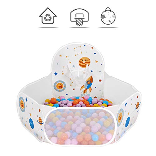 SONGMICS Piscina de Bolas, Tienda de Juego Infantil, Carpa Interior y Exterior con Aro de Baloncesto, Regalo de Juguete para Niños (no Incluye Pelotas), Tema Espacial, Blanco LPT66WT