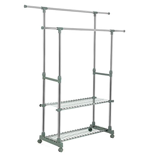 SONGMICS Riel Dual de Ropa, Perchero Extensible con Estantes de Almacenamiento, Rieles Colgantes Rodantes, Tubo Revestido de Acero Inoxidable, (90-154) x 42 x (95-172) cm, Plata y Verde Salvia LLR03GG
