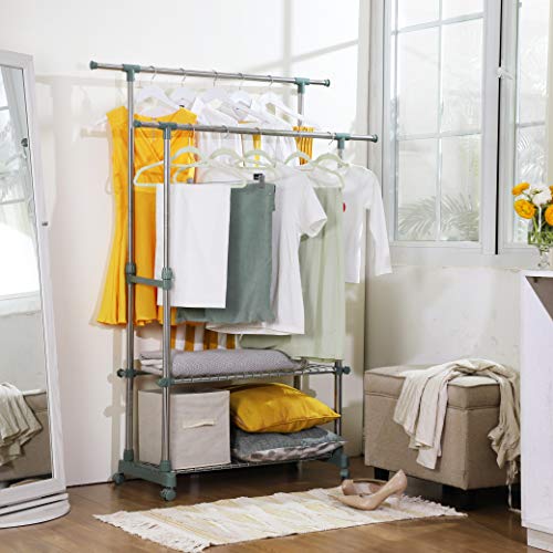 SONGMICS Riel Dual de Ropa, Perchero Extensible con Estantes de Almacenamiento, Rieles Colgantes Rodantes, Tubo Revestido de Acero Inoxidable, (90-154) x 42 x (95-172) cm, Plata y Verde Salvia LLR03GG