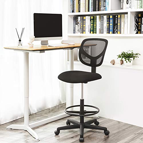 SONGMICS Silla de Malla Giratoria, Altura y Reposapiés Regulables, Silla de Dibujo Ergonómica, Silla de Oficina sin Apoyabrazos, Asiento de Tela, Carga máxima de 120 kg, Negro OBN15BK
