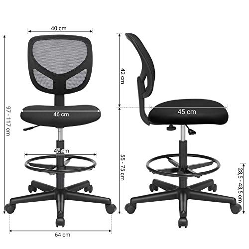 SONGMICS Silla de Malla Giratoria, Altura y Reposapiés Regulables, Silla de Dibujo Ergonómica, Silla de Oficina sin Apoyabrazos, Asiento de Tela, Carga máxima de 120 kg, Negro OBN15BK
