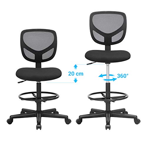 SONGMICS Silla de Malla Giratoria, Altura y Reposapiés Regulables, Silla de Dibujo Ergonómica, Silla de Oficina sin Apoyabrazos, Asiento de Tela, Carga máxima de 120 kg, Negro OBN15BK