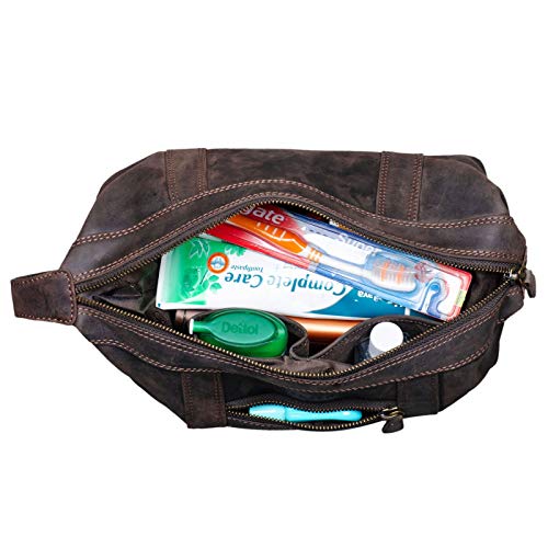 STILORD 'Bruno' Bolsa de Aseo Hombre Piel Vintage Neceser Grande con Asa Bolso Organizador para Baño Viajes de Cuero, Color:marrón Oscuro