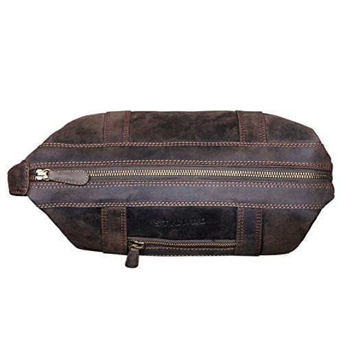 STILORD 'Bruno' Bolsa de Aseo Hombre Piel Vintage Neceser Grande con Asa Bolso Organizador para Baño Viajes de Cuero, Color:marrón Oscuro