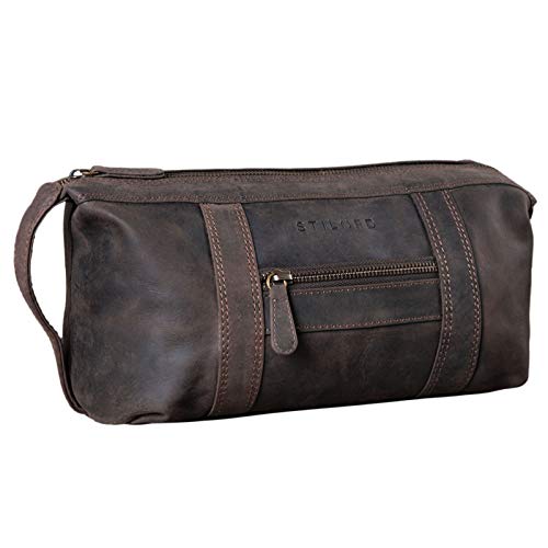STILORD 'Bruno' Bolsa de Aseo Hombre Piel Vintage Neceser Grande con Asa Bolso Organizador para Baño Viajes de Cuero, Color:marrón Oscuro