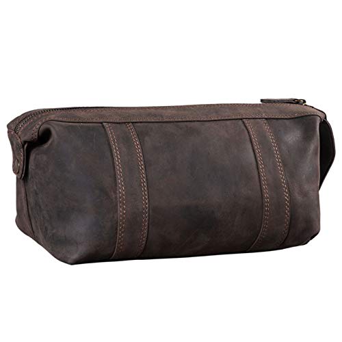 STILORD 'Bruno' Bolsa de Aseo Hombre Piel Vintage Neceser Grande con Asa Bolso Organizador para Baño Viajes de Cuero, Color:marrón Oscuro