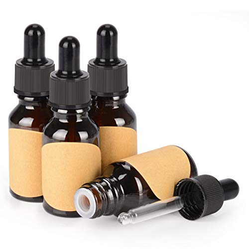 StonyLab 15ml (0.5 oz) 4-Pack Frasco Gotero de Vidrio, Botella Cuentagotas de Vidrio Vacío Marrón con Vidrio Cónico, Tapón Interno y Etiqueta, para Fragancias de Aromaterapia de Aceites Esenciales
