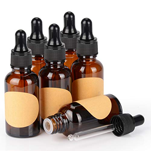 StonyLab 30ml (1 oz) 6-Pack Frasco Gotero de Vidrio, Botella Cuentagotas de Vidrio Vacío Marrón con Vidrio Cónico, Tapón Interno y Etiqueta, para Fragancias de Aromaterapia de Aceites Esenciales