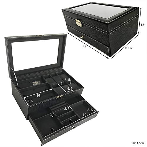 St.Oswalds Caja para Guardar 6 Relojes Hombre Joyero Estuche Organizador 3 Gafas Gemelos Anillos Joyas con Llave Negro