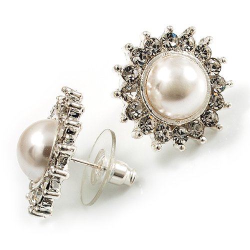 Studs nieve blanco arte perla y brillantes (plateado) -2 cm Diámetro