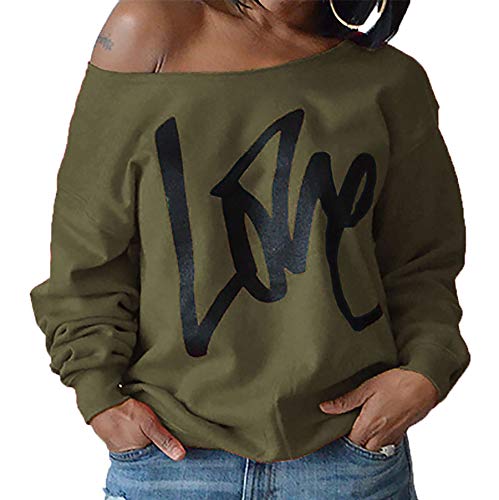 SuéTer De Manga Larga con Estampado De Letras De Love, Camiseta con Hombros Descubiertos Sexi con Fugas para Mujer, Ropa De Calle con Cuello Redondo Y TúNica
