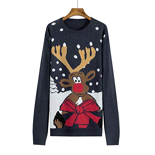 Suéter navideño 2019 con Cuello Redondo y Manga Larga y diseño de Alce Negro Negro (XXL