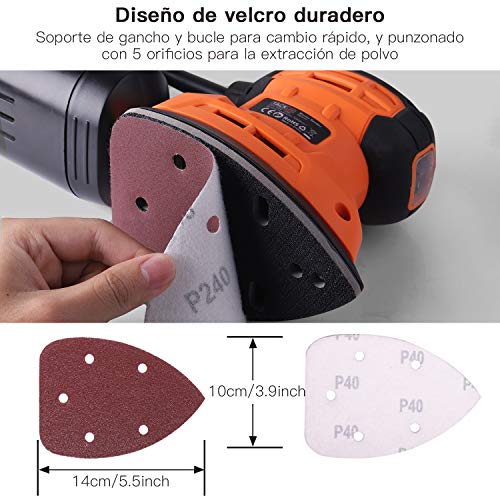 TACKLIFE Papeles de Lija, 50PCS Lijas de 40, 60, 80, 100, 240 Granos, para Lijadora Eléctrica de 140x140x100mm, Papeles Abrasivos con 5 Agujeros, Seco y Cambio Rápido con Gancho y Bucle Durable, ASD2A