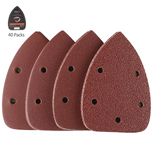 TACKLIFE Papeles de Lija de 40 Piezas 40, 80, 120, 240 Granos Surtidos 140x140x100mm ASD01C Papeles de Lija Abrasivos con 5 Agujeros, Velcro Durable para Lijadora de 140mm, Seco, Cambio Rápido
