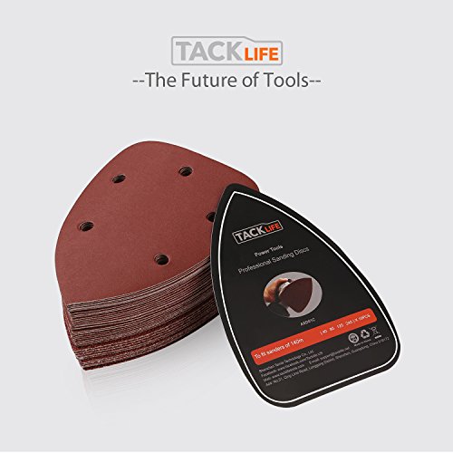 TACKLIFE Papeles de Lija de 40 Piezas 40, 80, 120, 240 Granos Surtidos 140x140x100mm ASD01C Papeles de Lija Abrasivos con 5 Agujeros, Velcro Durable para Lijadora de 140mm, Seco, Cambio Rápido